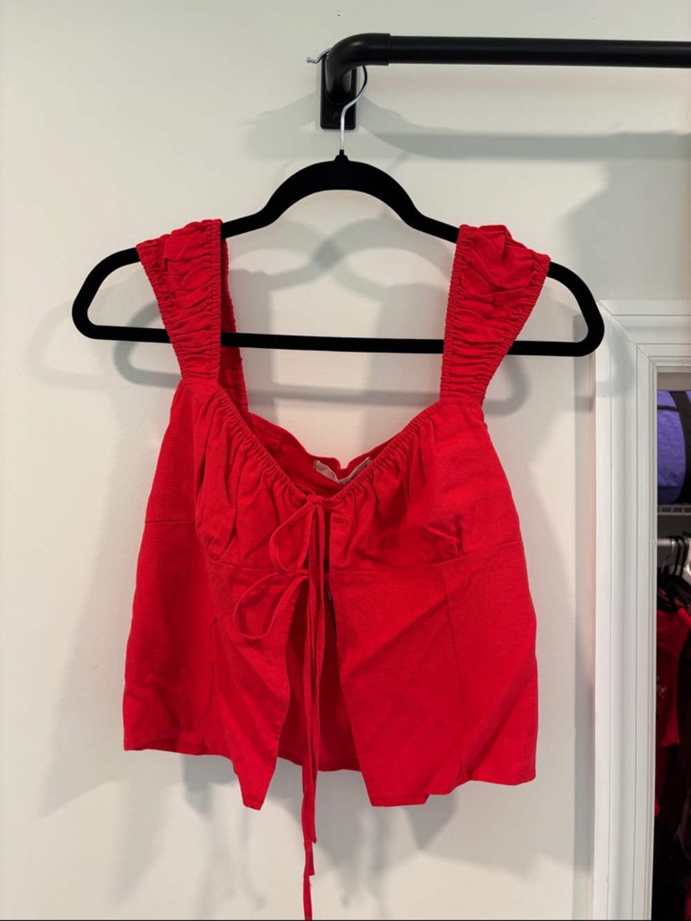 Red Tie-Front Ruched-Strap Crop Top - Women